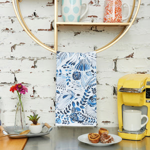 starla blue and white floral towel in kitchen coffee bar