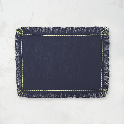 cheryl indigo placemats with handstitched border and fringed edge