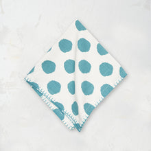 blue lagoon and white polka dot cloth napkin with blanket stitched edge