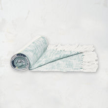 mint teal and white striped throw blanket with tassel fringe