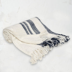 hand woven morgan throw blanket with hand-tied fringe in white and gray