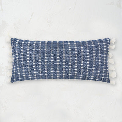 indigo riley decorative pillow featuring a raised stitch texture and tasseled fringe