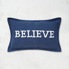 Believe Indigo Decorative Pillow with high-quality cotton corduroy and hand tufted holiday saying. 