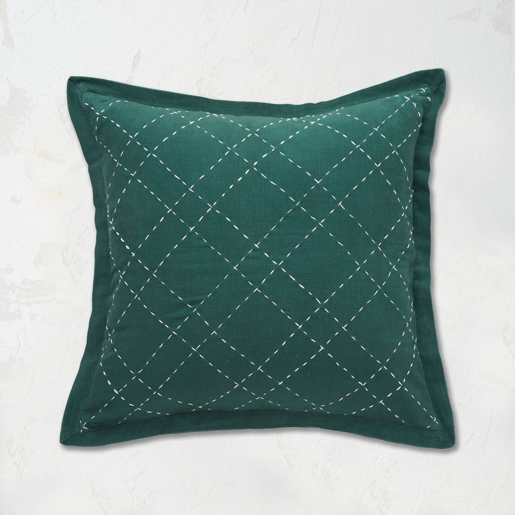 Elliot Jungle Pillow with a hand-stitched pattern on cotton corduroy in a festive green.