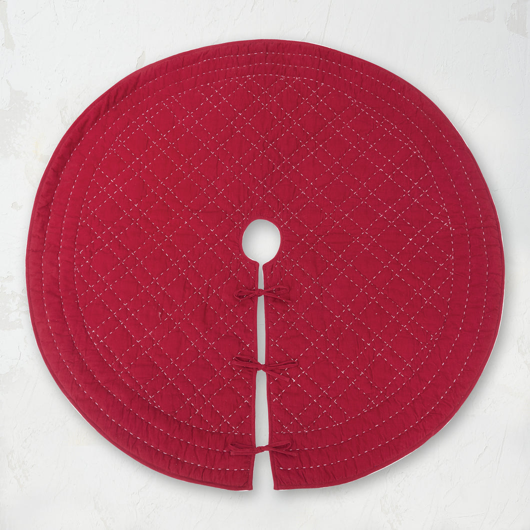 Elliot Ruby Quilted Tree Skirt in festive holiday red.
