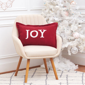 Joy Ruby Decorative Pillow with high-quality cotton corduroy and hand tufted holiday saying. 
