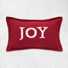 Joy Ruby Decorative Pillow with high-quality cotton corduroy and hand tufted holiday saying. 