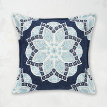 Indigo and Surf Mary Decorative Pillow featuring floral medallion print, hand embellished details, and a vibrant color palette. 