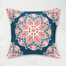 Mallard and Hibiscus Mary Decorative Pillow featuring floral medallion print, hand embellished details, and a vibrant color palette. 