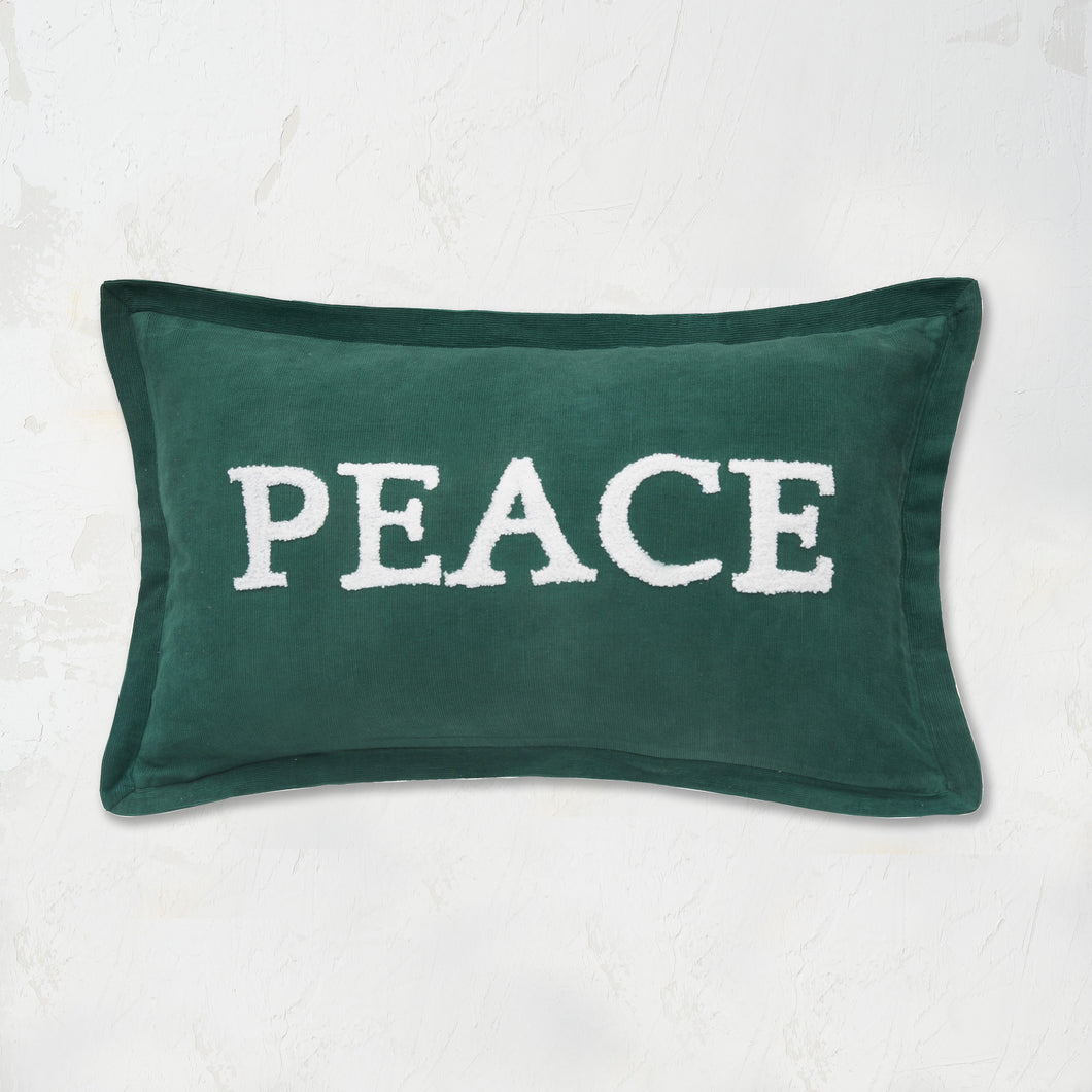 Peace Jungle Decorative Pillow with high-quality cotton corduroy and hand tufted holiday saying. 