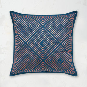 Virginia Mallard Pillow decorated with a geometric and symmetrical embroidered diamond design.
