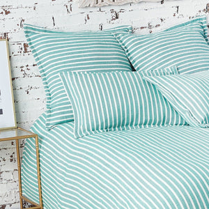 teal lagoon and white bengal striped blanket with matching pillows