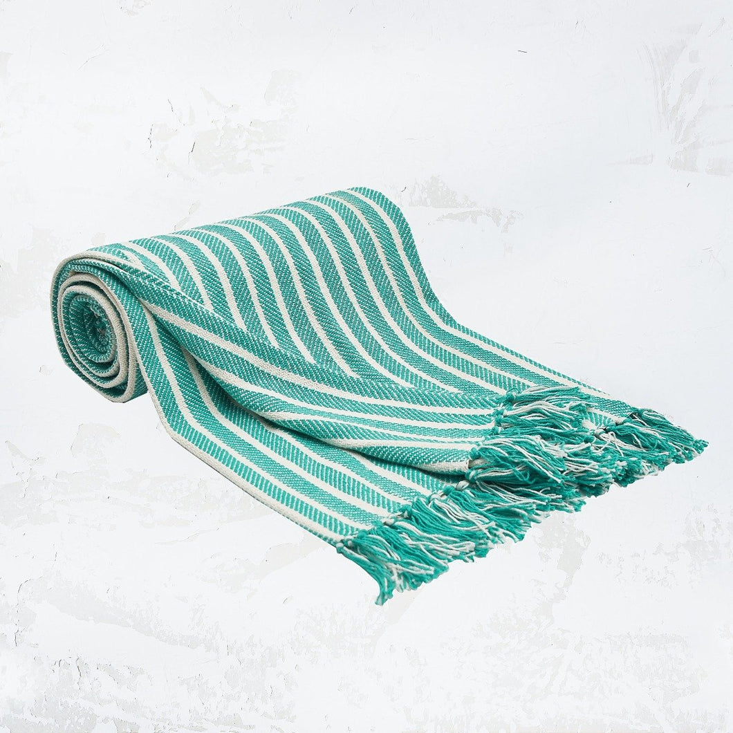 teal and white striped bengal stripe blanket with tassel fringe