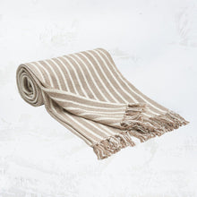 beige and white striped bengal stripe throw blanket with tassel fringe