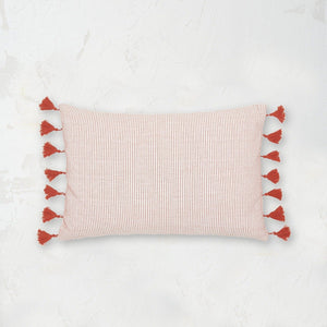 red ribbed texture brett decorative pillow with tassel fringe