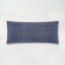 carter distressed decorative pillow with a blanket stitch edge in indigo