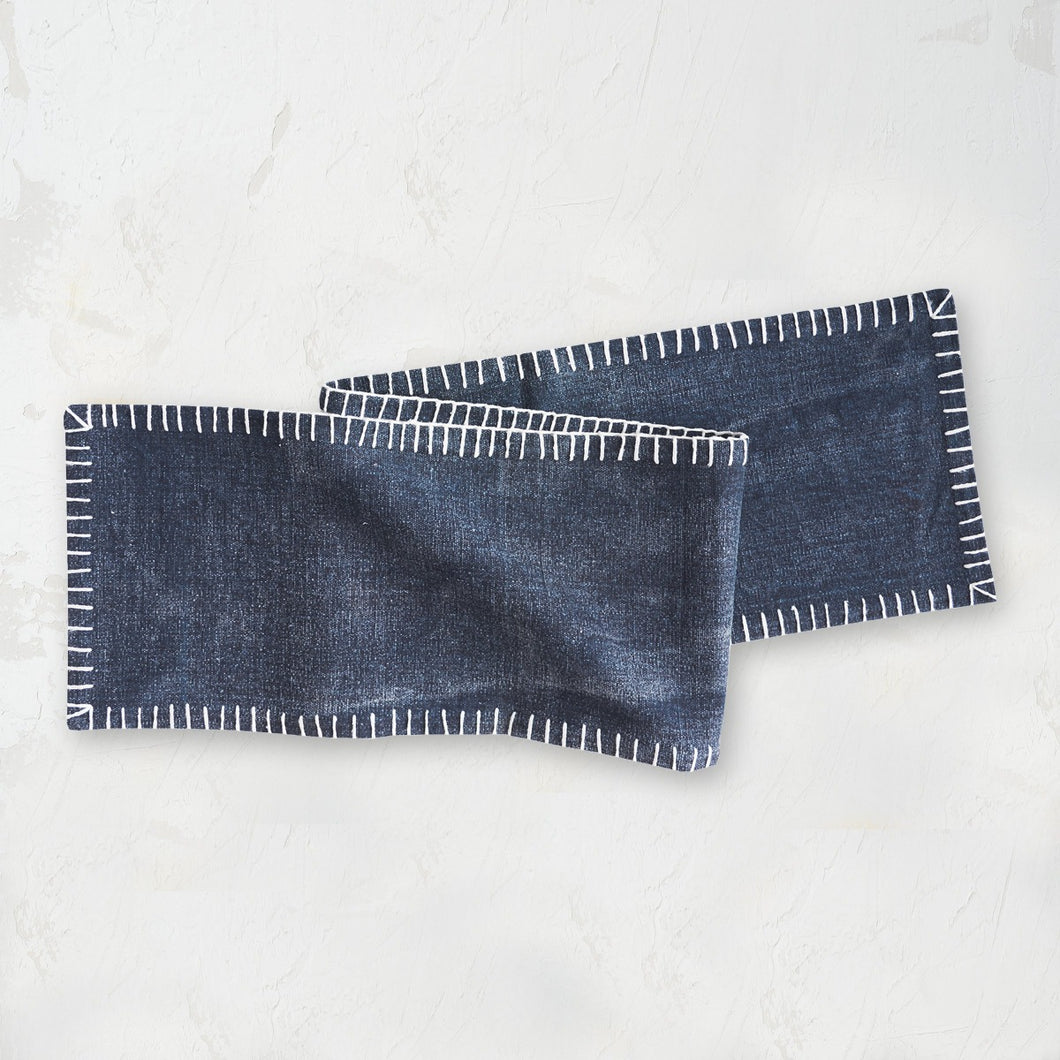 carter indigo table runner with blanket stitched edge