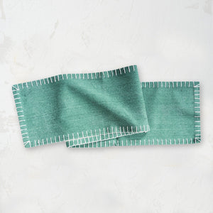 carter teal lagoon table runner with blanket stitched edge