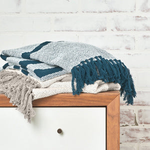 chandler striped throw blankets in blue and gray with tassel fringe