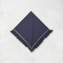indigo cheryl cloth napkin with handstitched border and fringed edge
