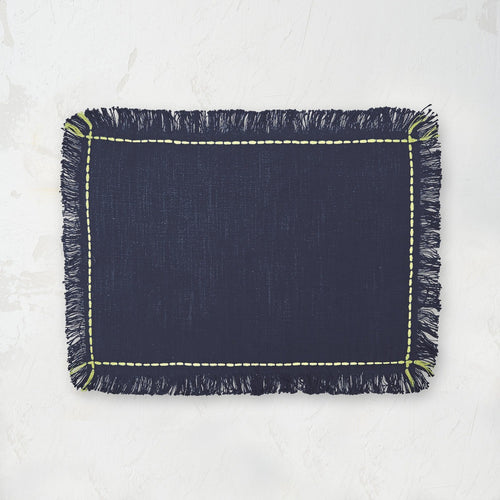 cheryl indigo placemats with handstitched border and fringed edge