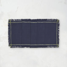 cheryl indigo table runner with handstitched border and fringed edge