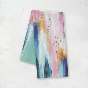 colorful brush strokes with gold splatter kitchen towel