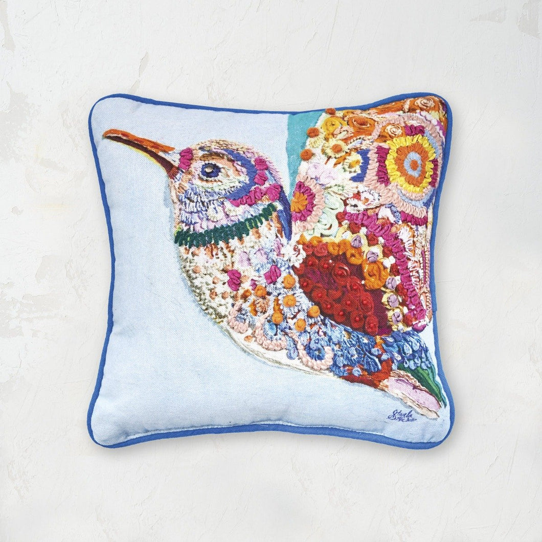 colorful textured hummingbird throw pillow with beaded and embroidered designs