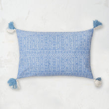 cyrus African mud cloth decorative pillow with tassel corners in blue