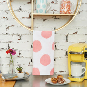 hibiscus dot kitchen towel hanging over coffee bar