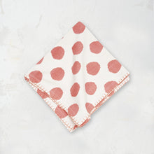 azalea pink and white polka dot cloth napkin with blanket stitched edge