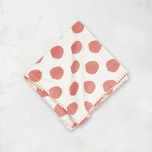 azalea pink and white polka dot cloth napkin with blanket stitched edge