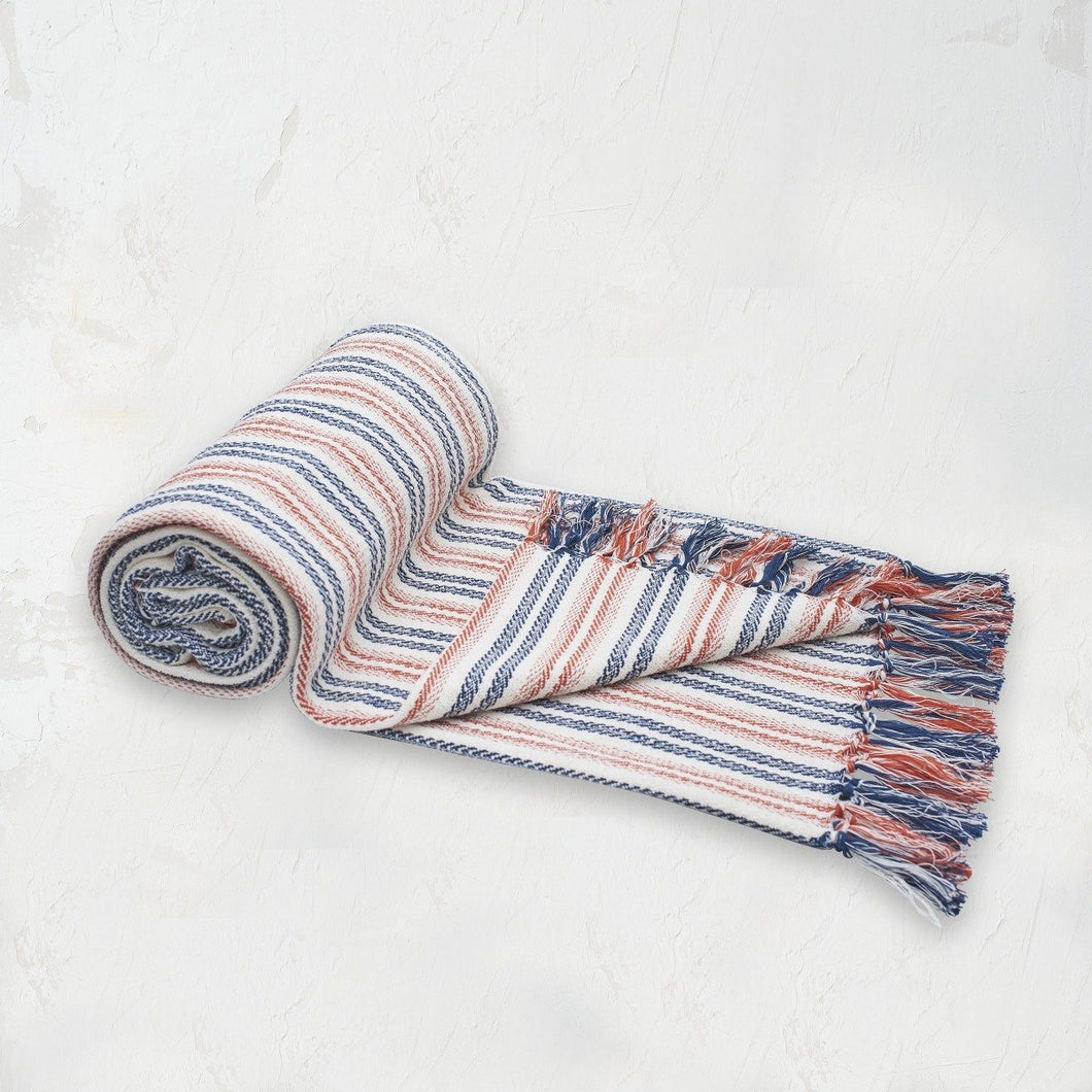orange peach blue and white striped hugo throw blanket with tassel fringe