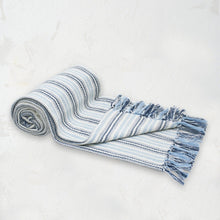 blue and white striped hugo throw blanket with tassel fringe