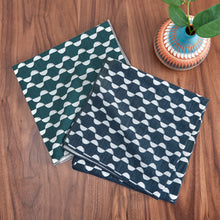indigo and mallard cloth napkins with half moon geometric design
