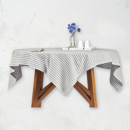 lucas light gray and white striped table throw tablecloth with blanket stitch edge
