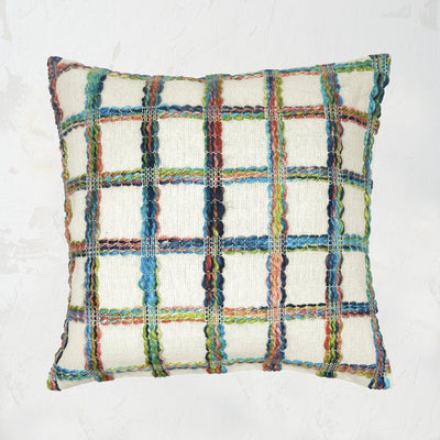 mimi vintage 1960s decorative pillow with multicolored yarn grid on a beige ground