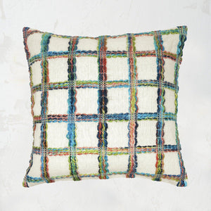 mimi vintage 1960s decorative pillow with multicolored yarn grid on a beige ground