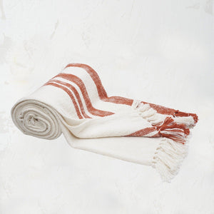 hand woven red and white morgan throw with hand-tied fringe
