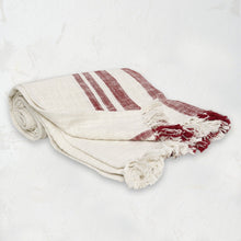hand woven morgan throw blanket with hand-tied multi-toned fringe in white and crimson