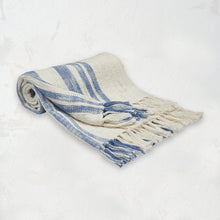 hand woven morgan throw blanket with hand-tied multi-toned fringe in blue and white