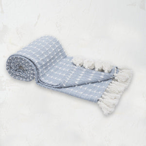 sky blue and white riley throw with tassel fringe