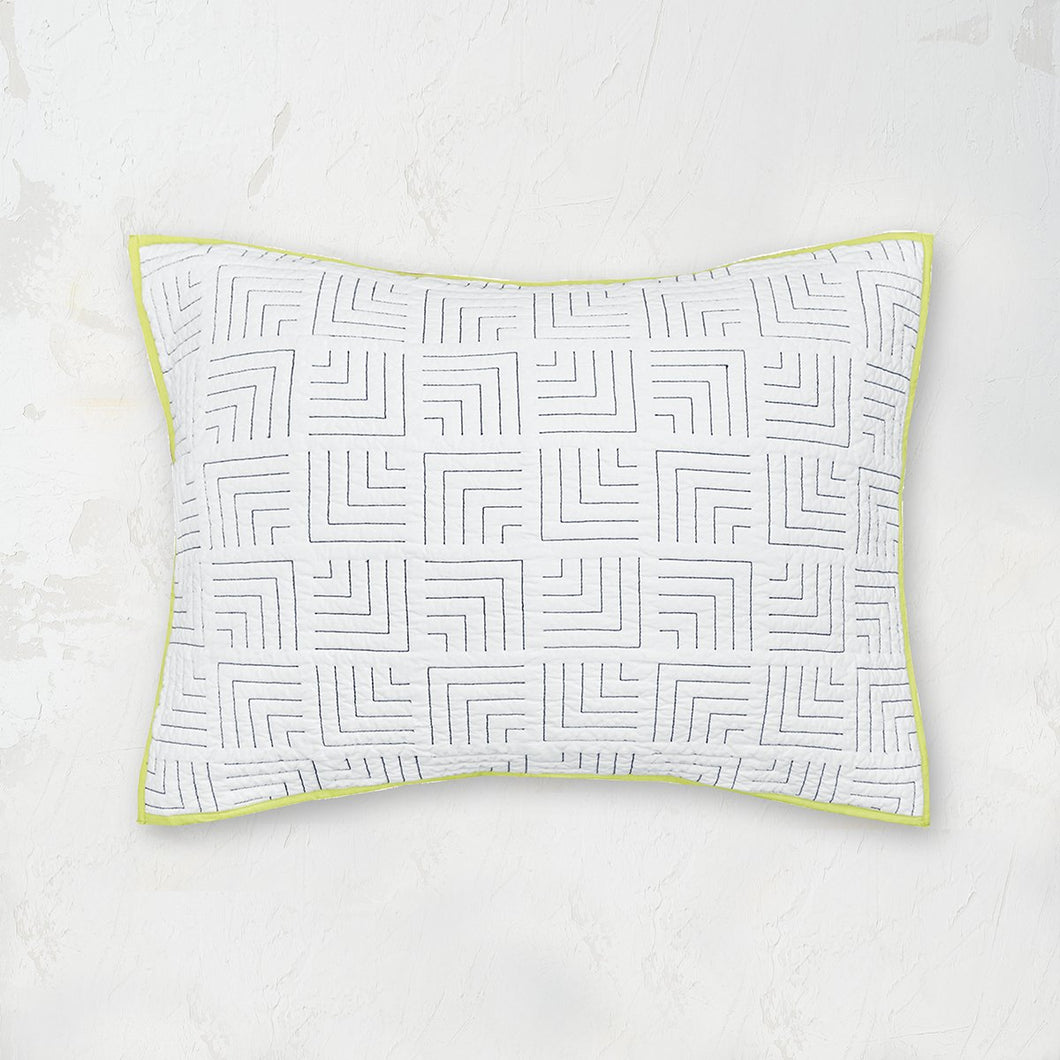 spencer standard sham with linework pattern and lime green edge