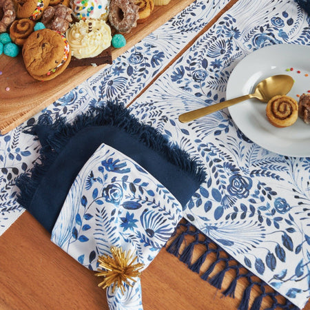 starla indigo and white screen printed floral patterned table linens
