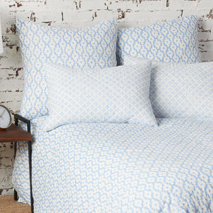 blue and white square knot pattern talley standard sham