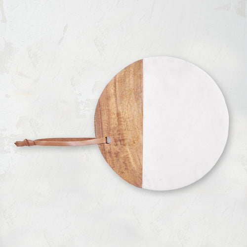 circular mango wood and white marble cutting board