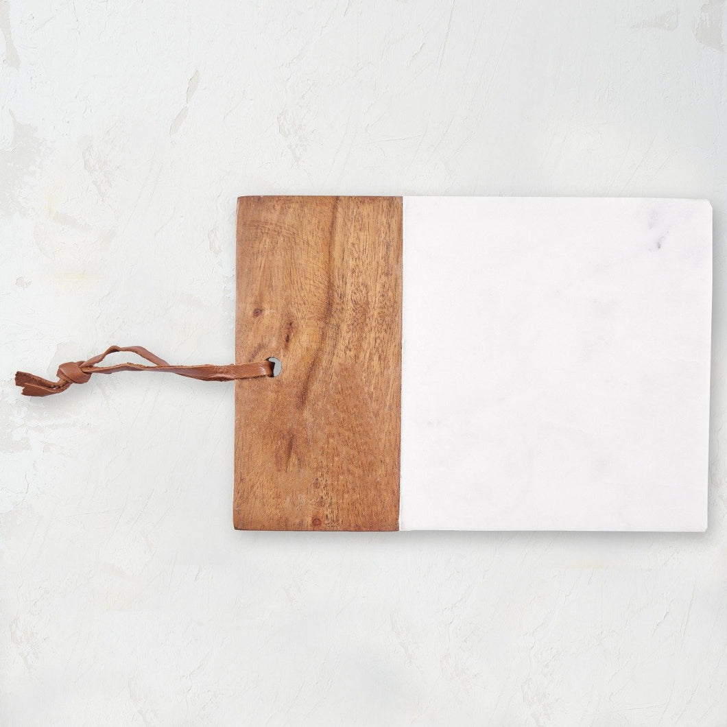 rectangular mango wood and white marble cutting board