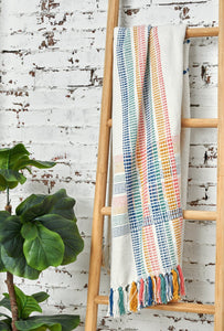 willie multicolored striped throw blanket with tassel fringe styled on blanket ladder